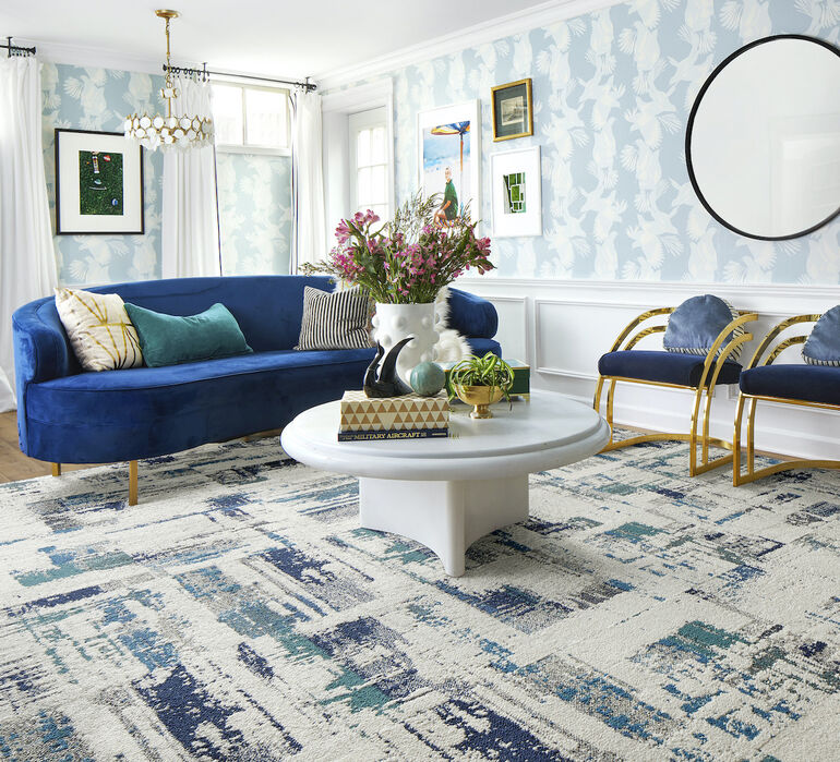 FLOR Splish Splash living room area rug shown in Lapis